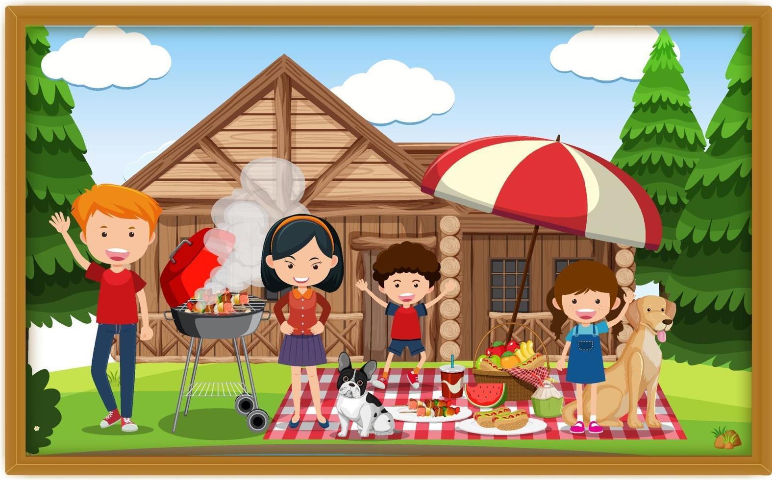 en bild av familjen som gör picknick i en ram vektor