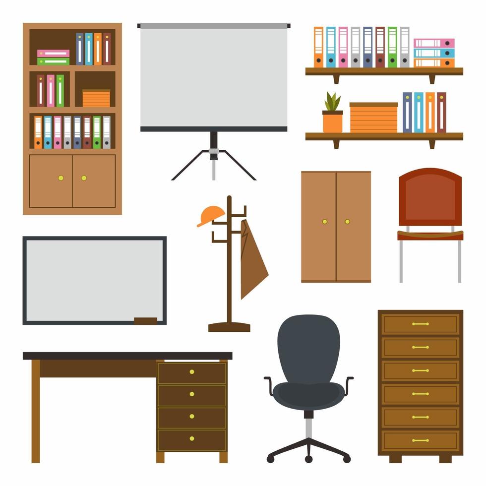 Innenarchitekt für Zimmer und Büro mit Cartoon-Büromöbeln, Tisch, Bücherregal, Bürostuhl, Schrankdekorationen und anderen Elementen. Business Workplace Creator in flachem Design gesetzt vektor