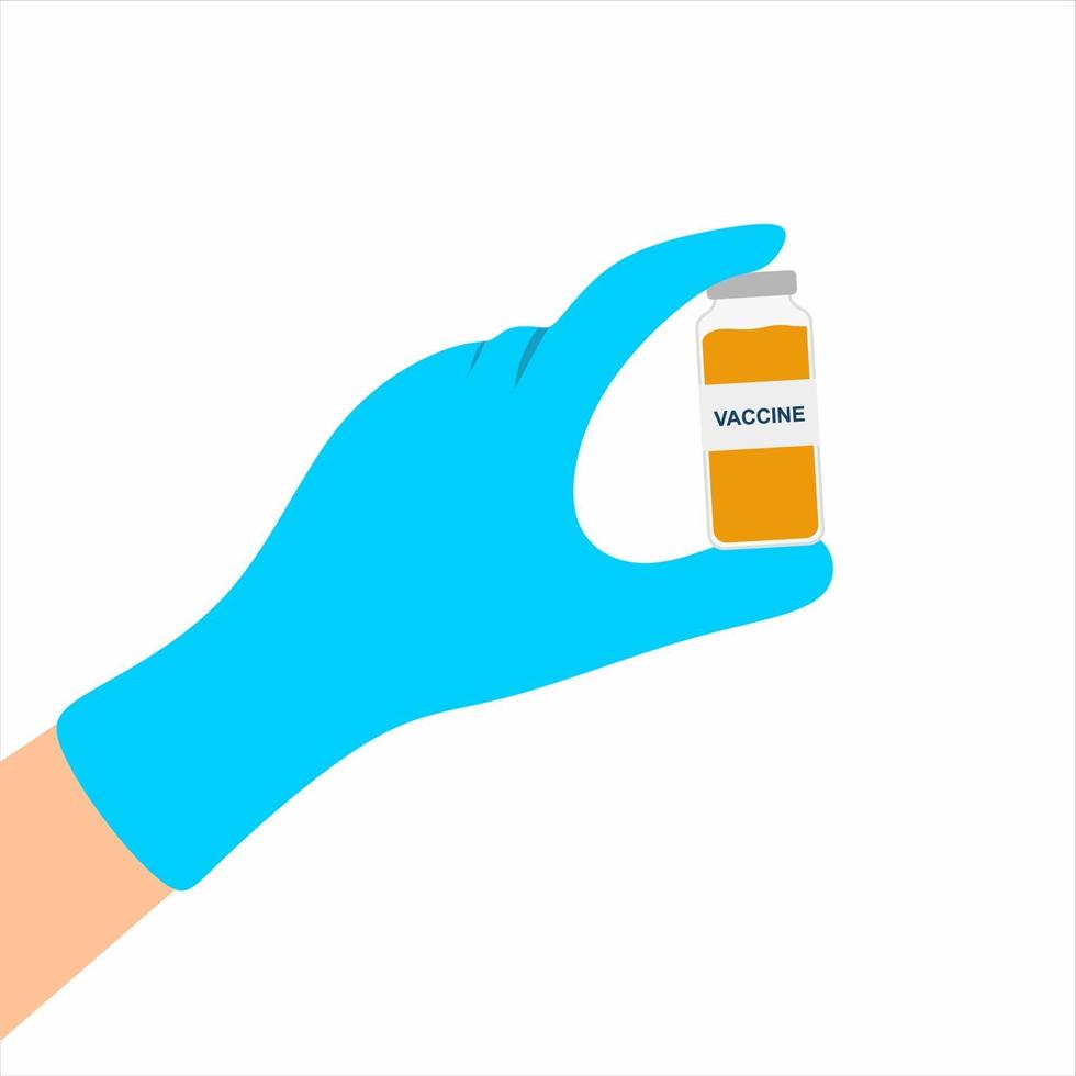 läkare eller forskare händer som bär gummihandskar som håller en vaccinflaska. antivirus eller antibakteriell. mot koronavirus koncept. platt tecknad stil. vektor designelement illustration