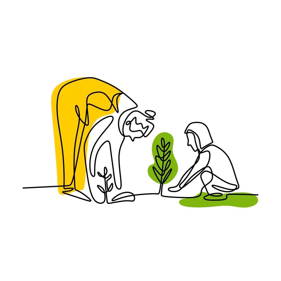 kontinuerlig en linje ritning av ung mamma lär sin dotter plantering. mamma och hennes barn arbetar i trädgården för att ta hand om sina växter. lyckligt föräldraskap lärande koncept. vektor illustration