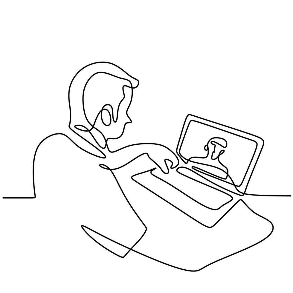 Mann, der von zu Hause aus arbeitet oder lernt, Online-Videokonferenz auf Laptop kontinuierlich einzeiliges handgezeichnetes Minimalismus-Design. Zoom Videoanruf isoliert auf weißem Hintergrund. Vektorillustration vektor