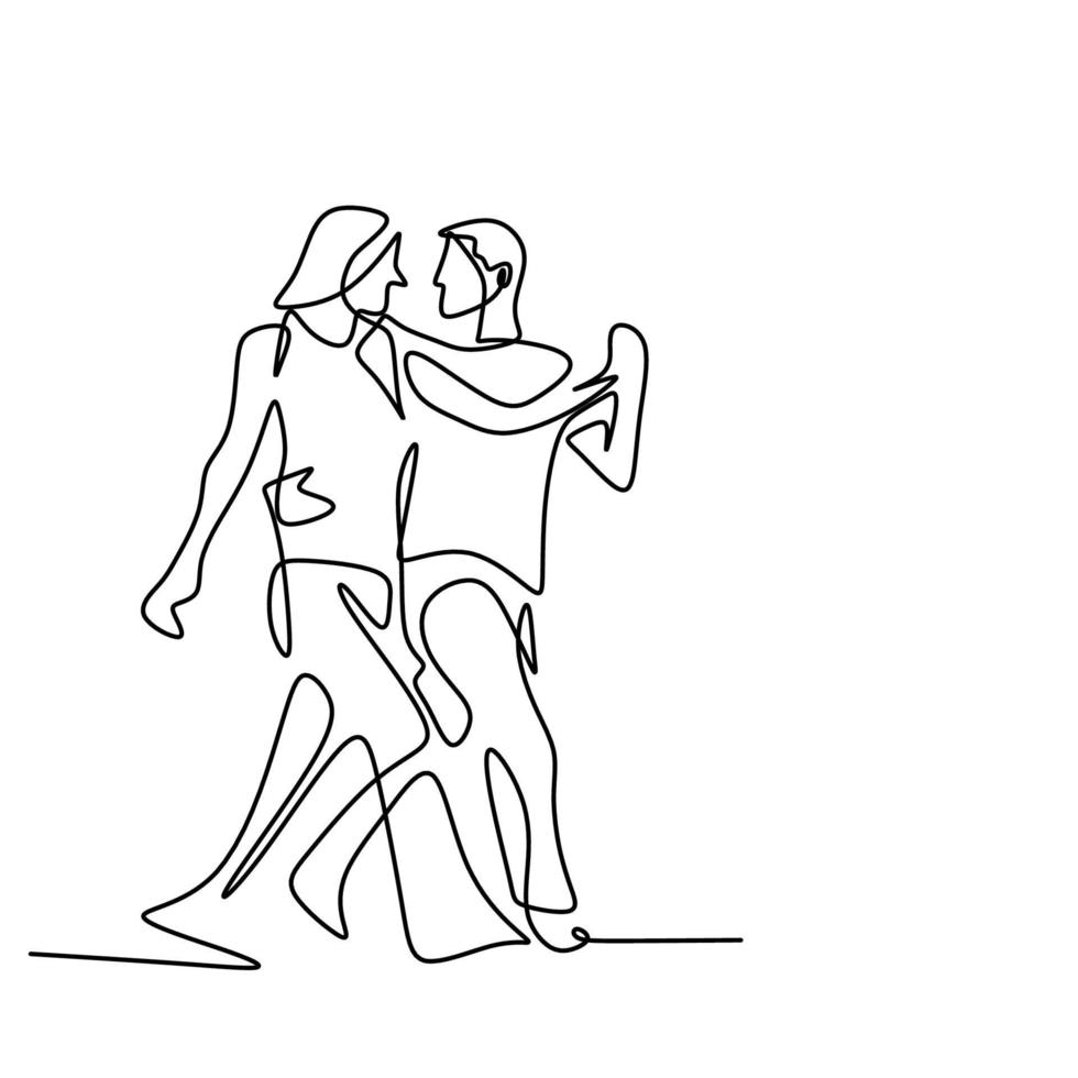 kontinuerlig linjeteckning av lyckliga par som dansar tillsammans. ung man och kvinna i romantiska ögonblick isolerad på vit bakgrund. begreppet kärlek i kärlek minimalistisk design. vektor illustration