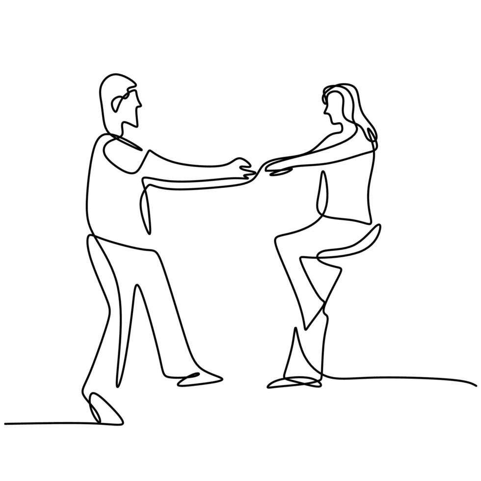 kontinuerlig linjeteckning av lyckliga par som dansar tillsammans. ung man och kvinna i romantiska ögonblick isolerad på vit bakgrund. begreppet kärlek i kärlek minimalistisk design. vektor illustration