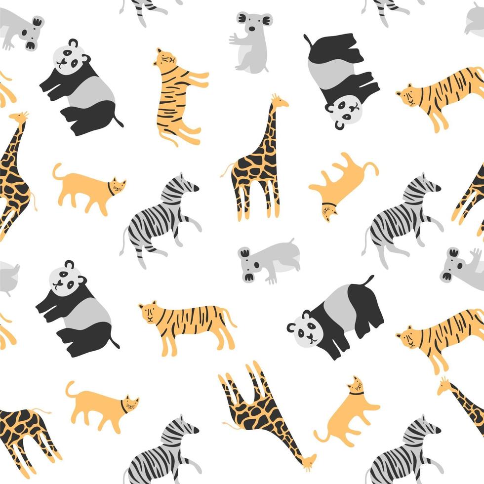 Vektor nahtloses Muster Färbung tropische lustige Tiere mit Tiger, Panda, Katze und Zebra Hand gezeichneten Design auf weißem Hintergrund. Perfekt für Kinder Stoff, Textil, Kinderzimmer Tapete. niedliches Dino-Design