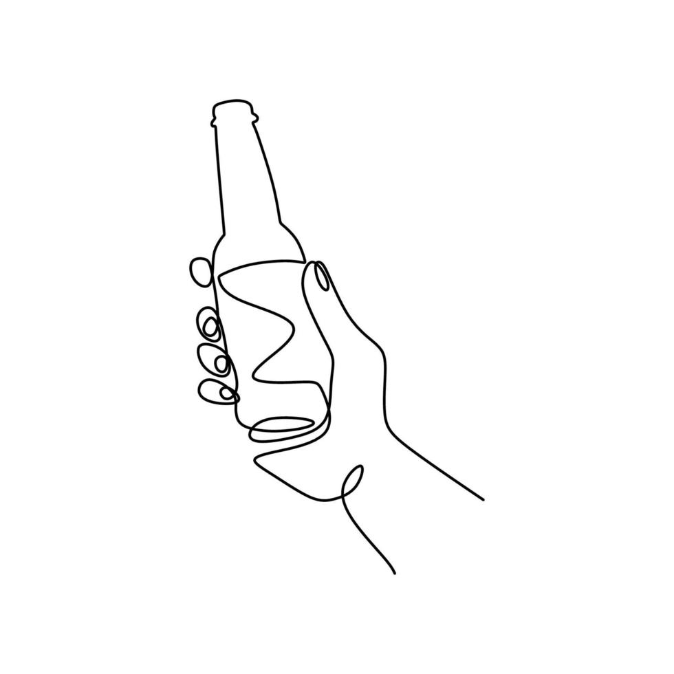 eine Strichzeichnung der Hand, die Champagnerflasche lokalisiert auf weißem Hintergrund hält. eine Flasche Wein zum Feiern des Minimalismus-Designs des linearen Stilkonzepts des neuen Jahres 2021. Vektorillustration vektor