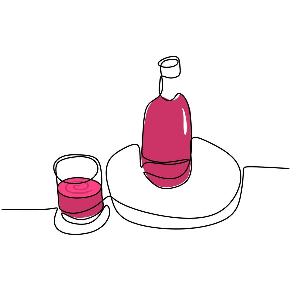 fortlaufende einzeilige Zeichnung einer Weinflasche und einer linearen Glasskizze lokalisiert auf weißem Hintergrund. Champagnerflasche mit einem Glas für Feierparty. minimalistisches Design. Vektorillustration vektor