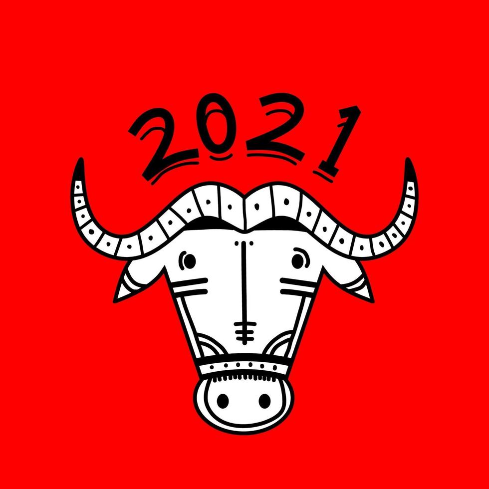 2021 frohes neues Jahr. Ochse, Kuh, Stierköpfe lokalisiert auf rotem Hintergrund. Mondkalender-Maskottchen des östlichen chinesischen Jahres. chinesische Grußkarte Vektor Postkarte, Banner, Poster. Abbildung für den Kalender