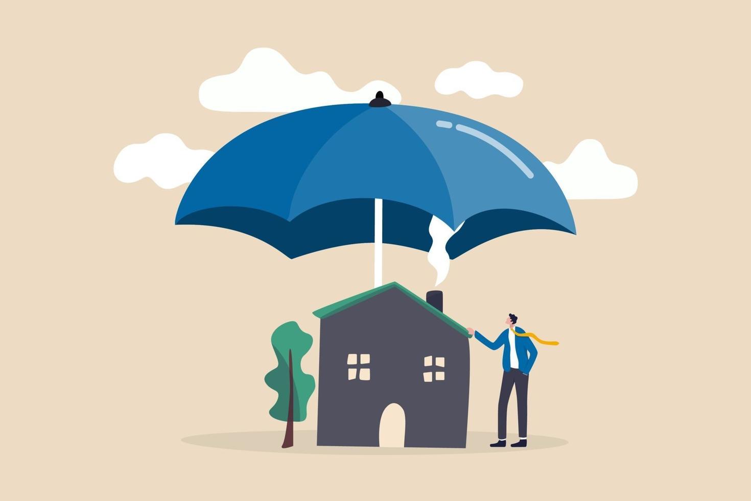 Hausversicherung, Hauskatastrophe versichern Deckung oder Sicherheit oder Schutzschild für Wohngebäudekonzept vektor