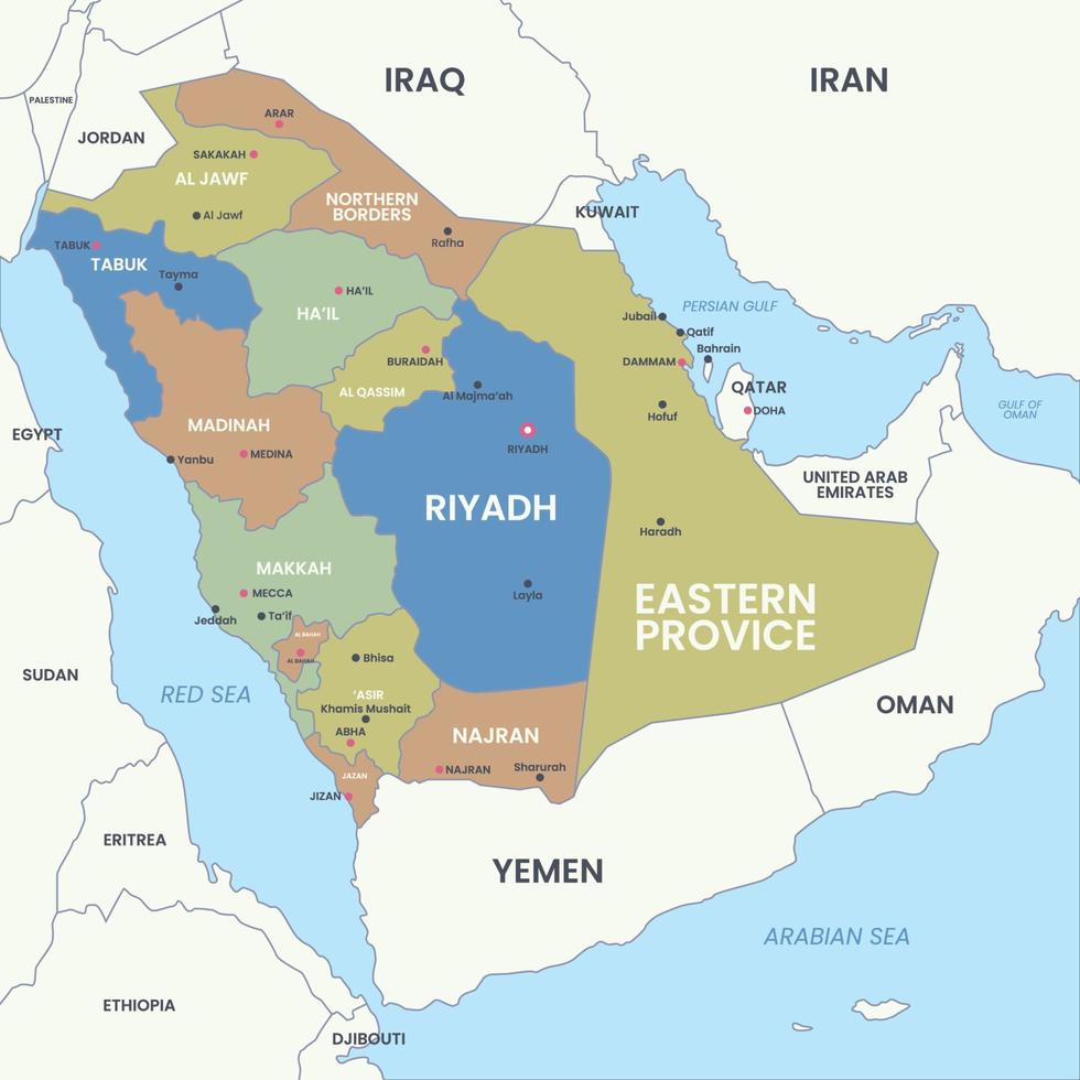 saudi arabien detaljerad Karta med omgivande gränser vektor