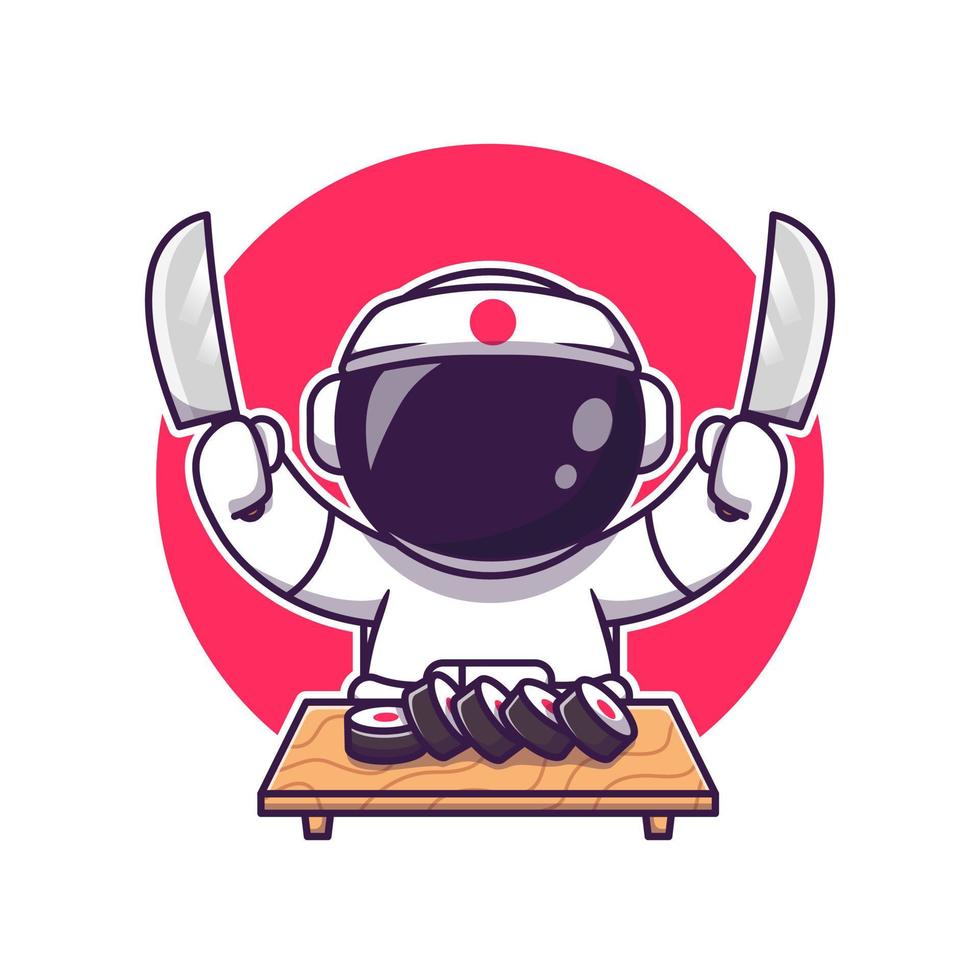 süß Astronaut Sushi mit Messer Karikatur Vektor Symbol Illustration. Wissenschaft Essen Symbol Konzept isoliert Prämie Vektor. eben Karikatur Stil