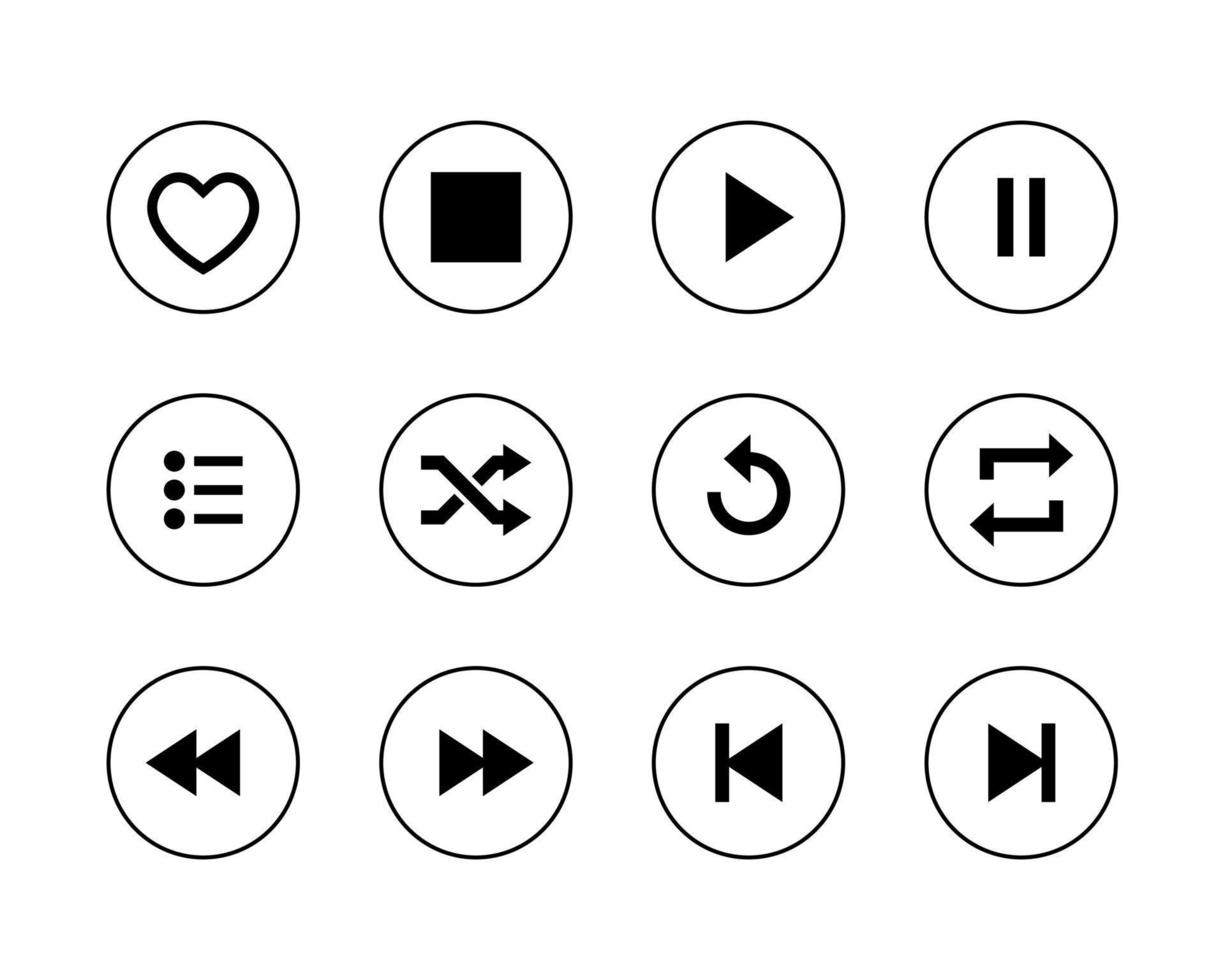Symbol einstellen Sammlung von Musik- App. spielen, stoppen, Pause, Mischen, wiederholen, vorherige, nächste, Favorit, und aufführen vektor