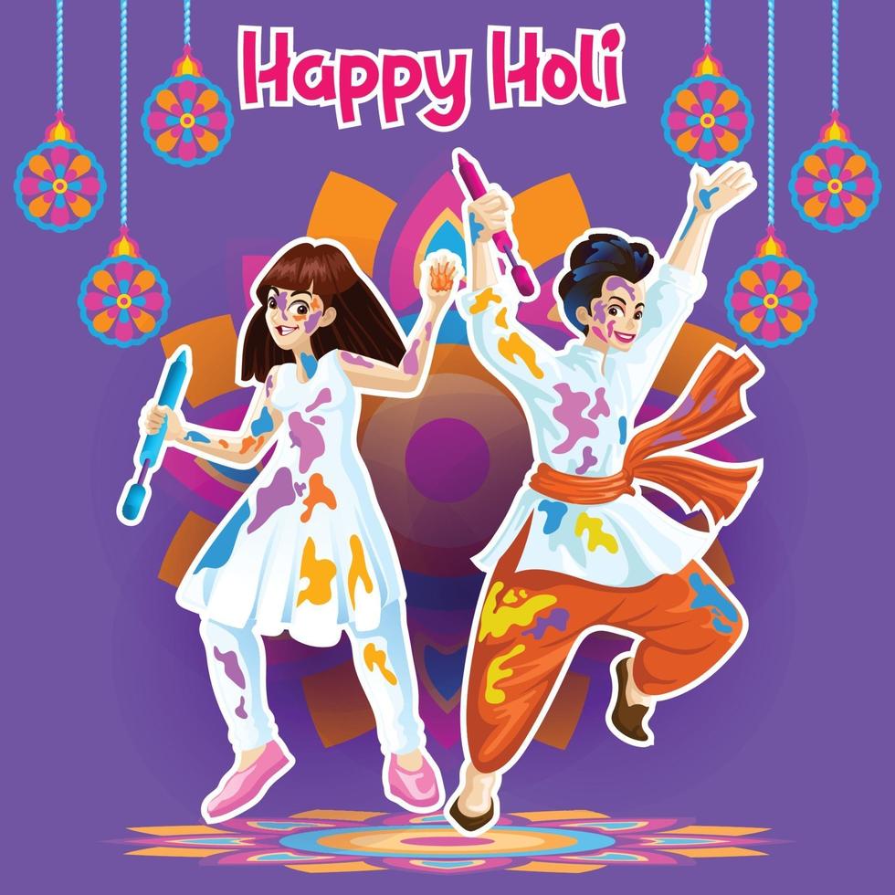 Holi-Grüße mit freudigen Tänzern in einem feierlichen Hintergrund vektor
