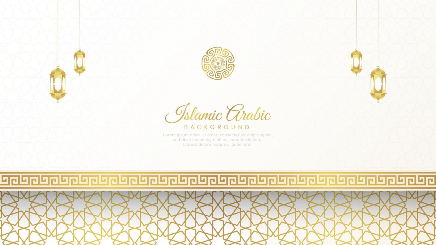 islamic arabicum vit och gyllene lyx bakgrund med geometrisk mönster och skön lyktor vektor