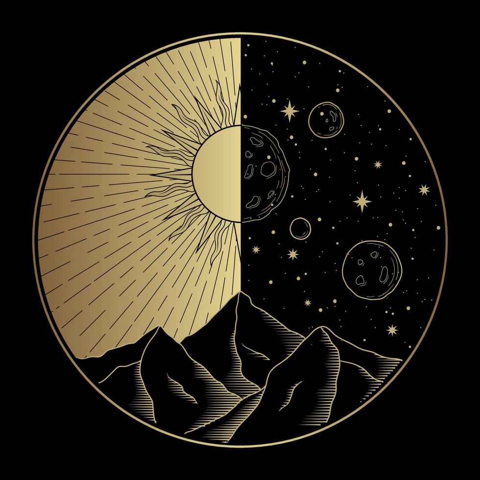 lyx linje konst design av Sol och måne ovan en fjäll, symboliserar de två världar av dag och natt vektor