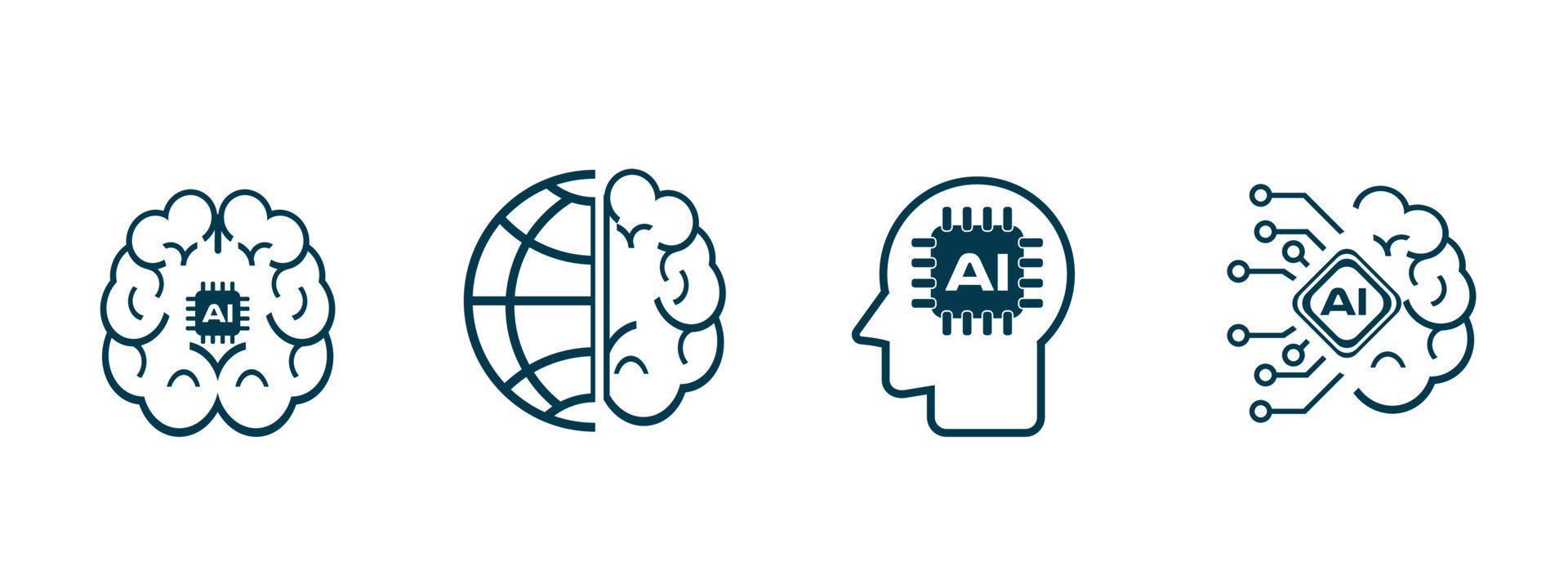 uppsättning av 4 artificiell intelligens ikoner, uppsättning av fyra ai ikoner, maskin inlärning, smart robot och moln datoranvändning nätverk digital ai teknologi begrepp vektor