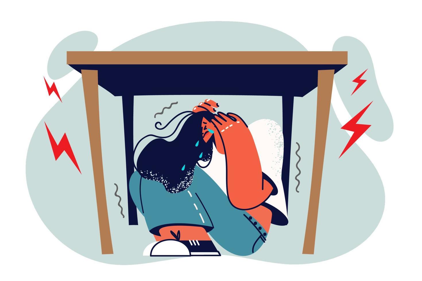 Frau schluchzt und versteckt sich unter Tabelle im Grusel während Panik Attacke fällig zu regulär Stress oder Ablehnung zu nehmen Antidepressiva. Weinen Mädchen leidet von depressiv Störung und Bedürfnisse Ausflug zu Psychologe vektor