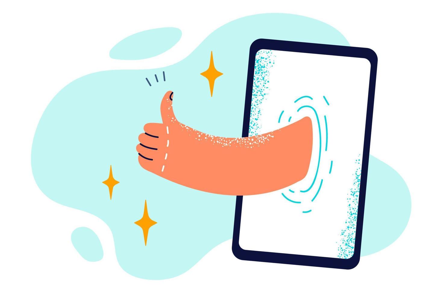 tummen upp fastnar ut av telefon visa symboliserar gillar på social nät eller sympati i dejting service. hand med tummen upp gest i smartphone skärm som tecken av godkännande chattar uppkopplad vektor