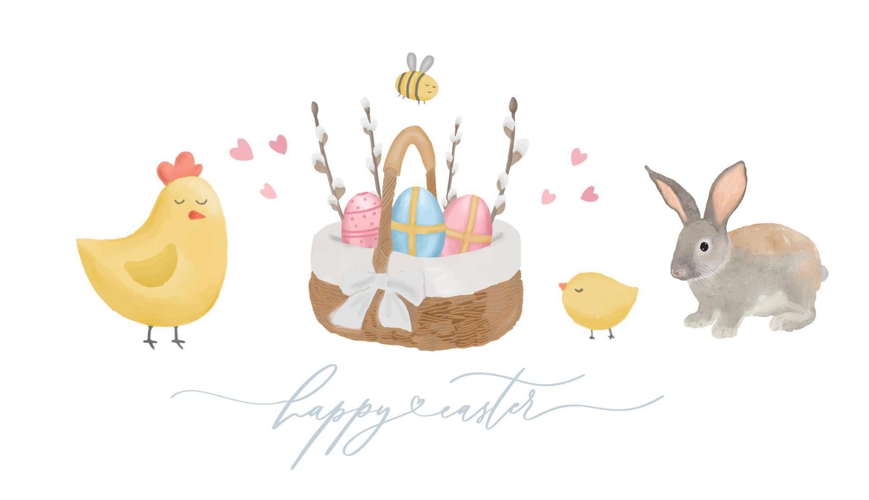 Aquarell Ostern Karte. Ostern Kuchen, Wagen, Ei, Biene, Blume und Hase auf ein Weiß Hintergrund. vektor