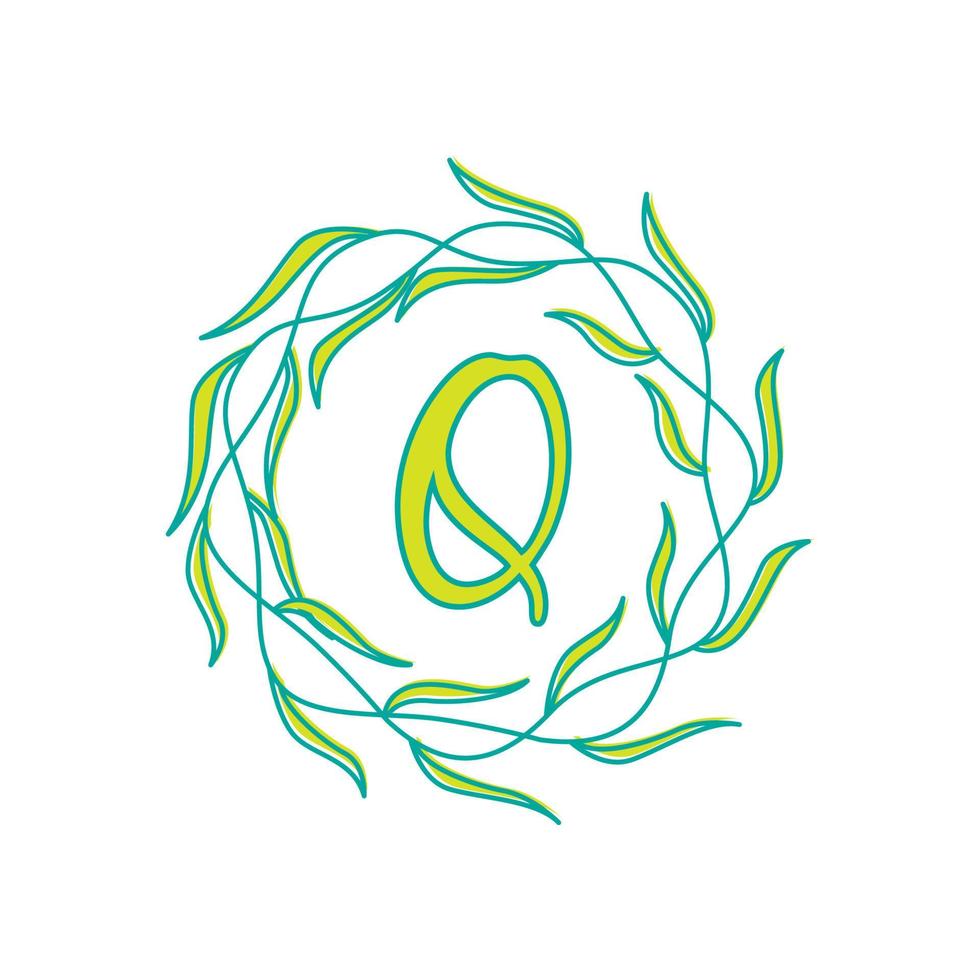 brev q med cirkulär grön blad logotyp vektor ikon symbol illustration design mall