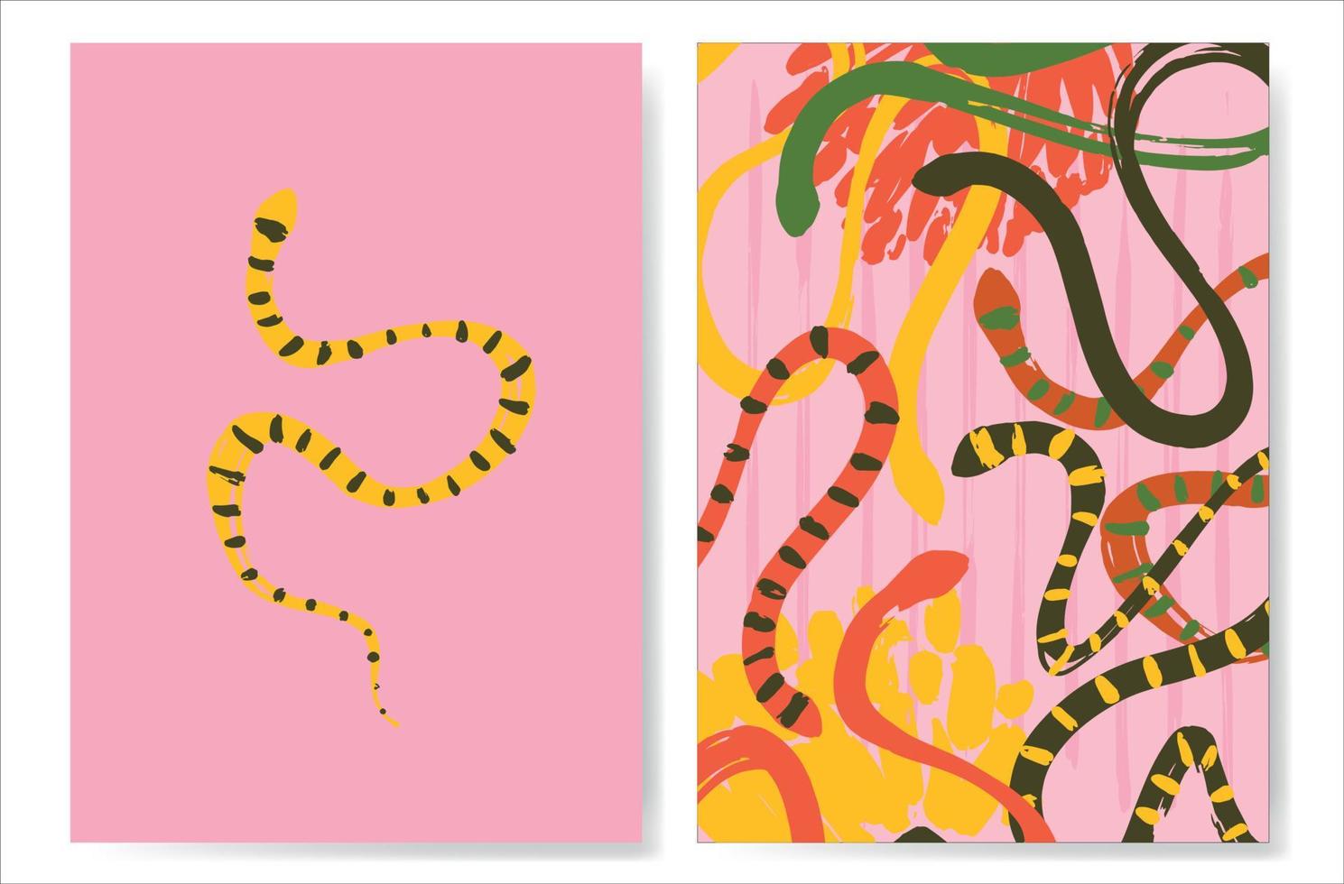 einstellen von Plakate mit Schlangen, Kakteen und Blumen. Reptilien mit Wüste Pflanzen. Vektor Schlangen im ein minimalistisch Stil.