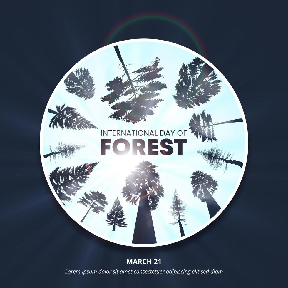 International Tag von Wälder Hintergrund mit ein runden Schneiden Papier Bäume Silhouette von unten vektor