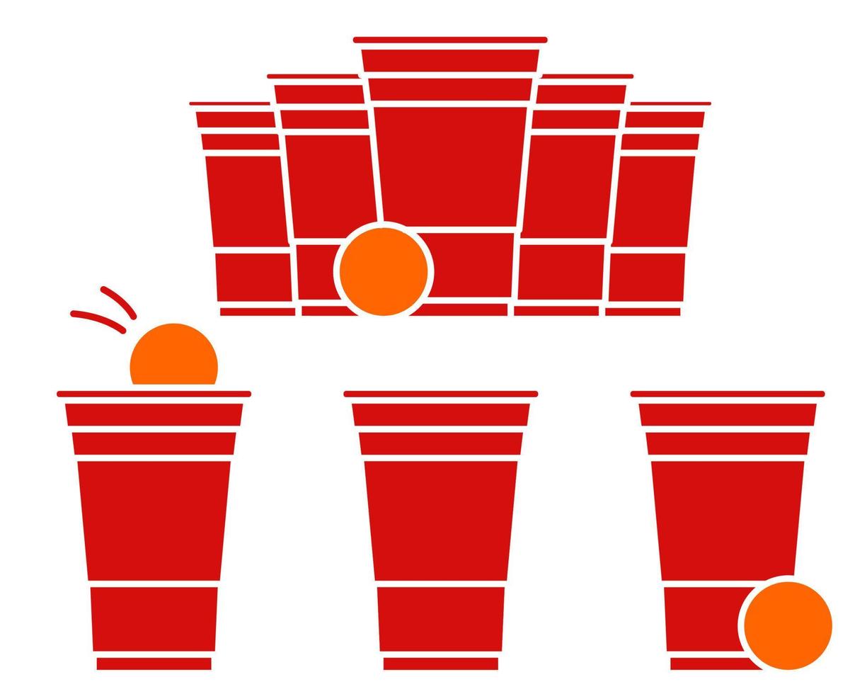 rote Bier-Pong-Illustration. plastikbecher und ball mit spritzendem bier. traditionelles Party-Trinkspiel. Vektor