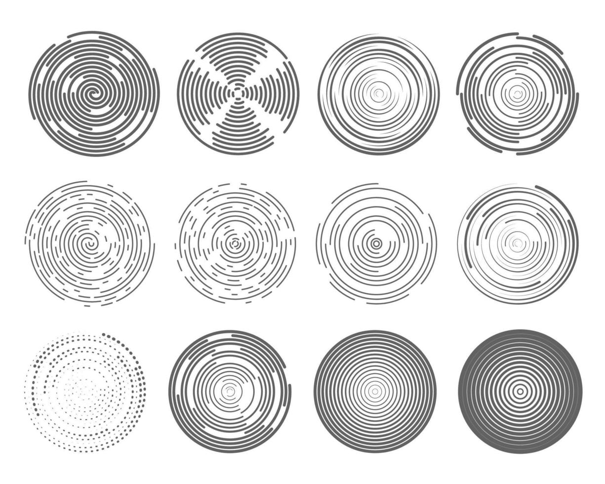 cirkel koncentrisk rader. krusigt ringar och runda ljud vågor mönster. radiell signal radar tecken. vektor abstrakt ekolod isolerat på vit bakgrund