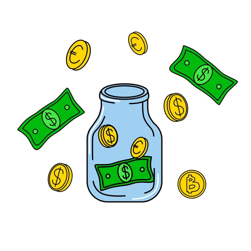 sparande pengar burk. glas flaska med mynt, dollar sedlar, euro, bitcoin. häftig tecknad serie finansiell illustration vektor