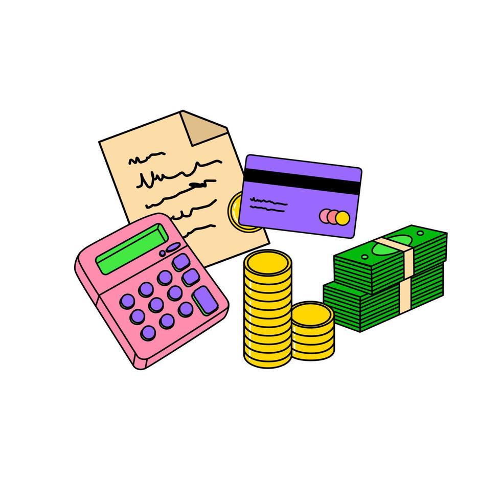 ekonomi, beräkningar, en kalkylator och pengar. häftig tecknad serie stil. dokumentera. mynt, stack av sedlar, kreditera kort. vektor