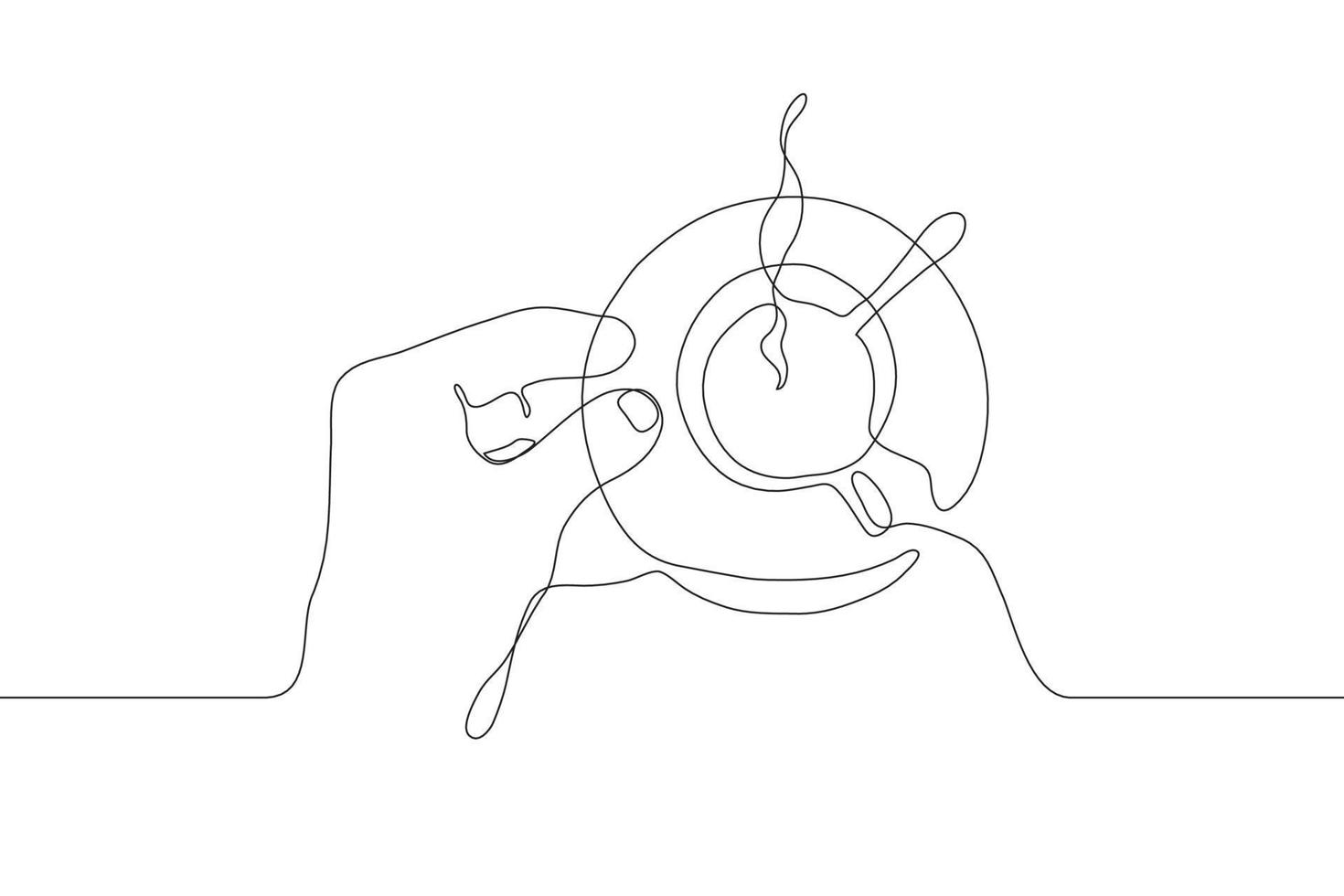 kontinuerlig linje konst hand med en kopp, sked och fat. kaffe eller te med ånga vektor