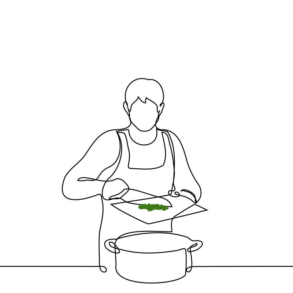 män i ett förkläde häller hackad grönt in i en panorera med en skärande styrelse med en kniv - ett linje teckning vektor. matlagning begrepp vektor
