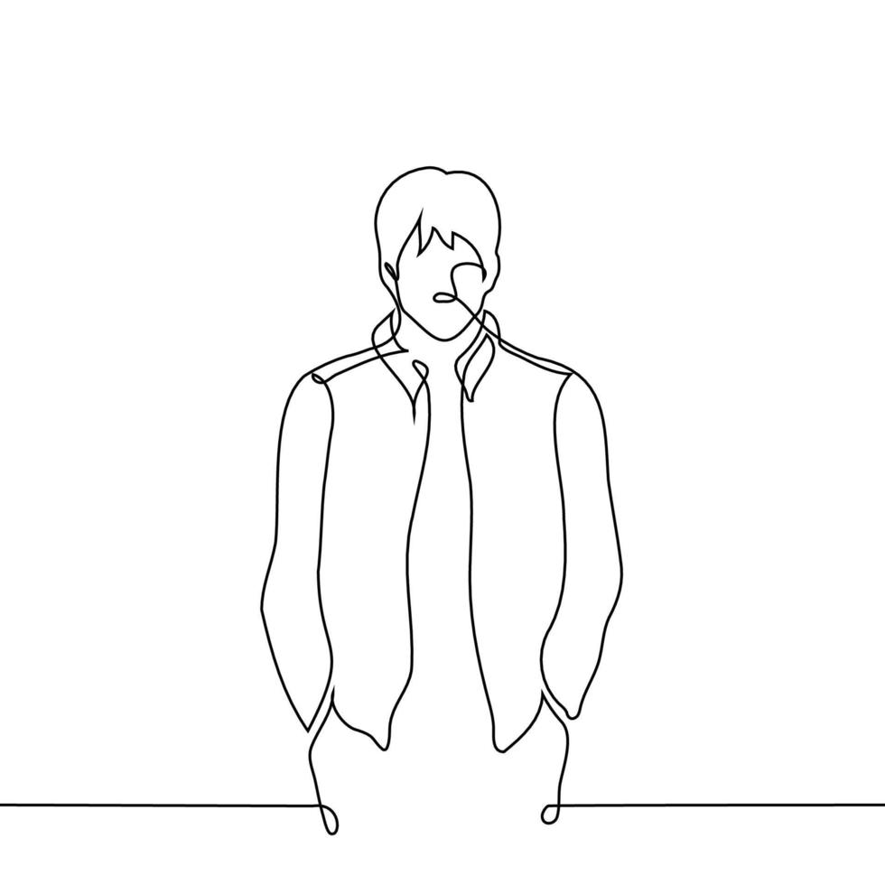 Mann im aufgeknöpft Jacke steht mit Hände im Taschen - - einer Linie Zeichnung Vektor. Konzept Mann im Jacke vektor