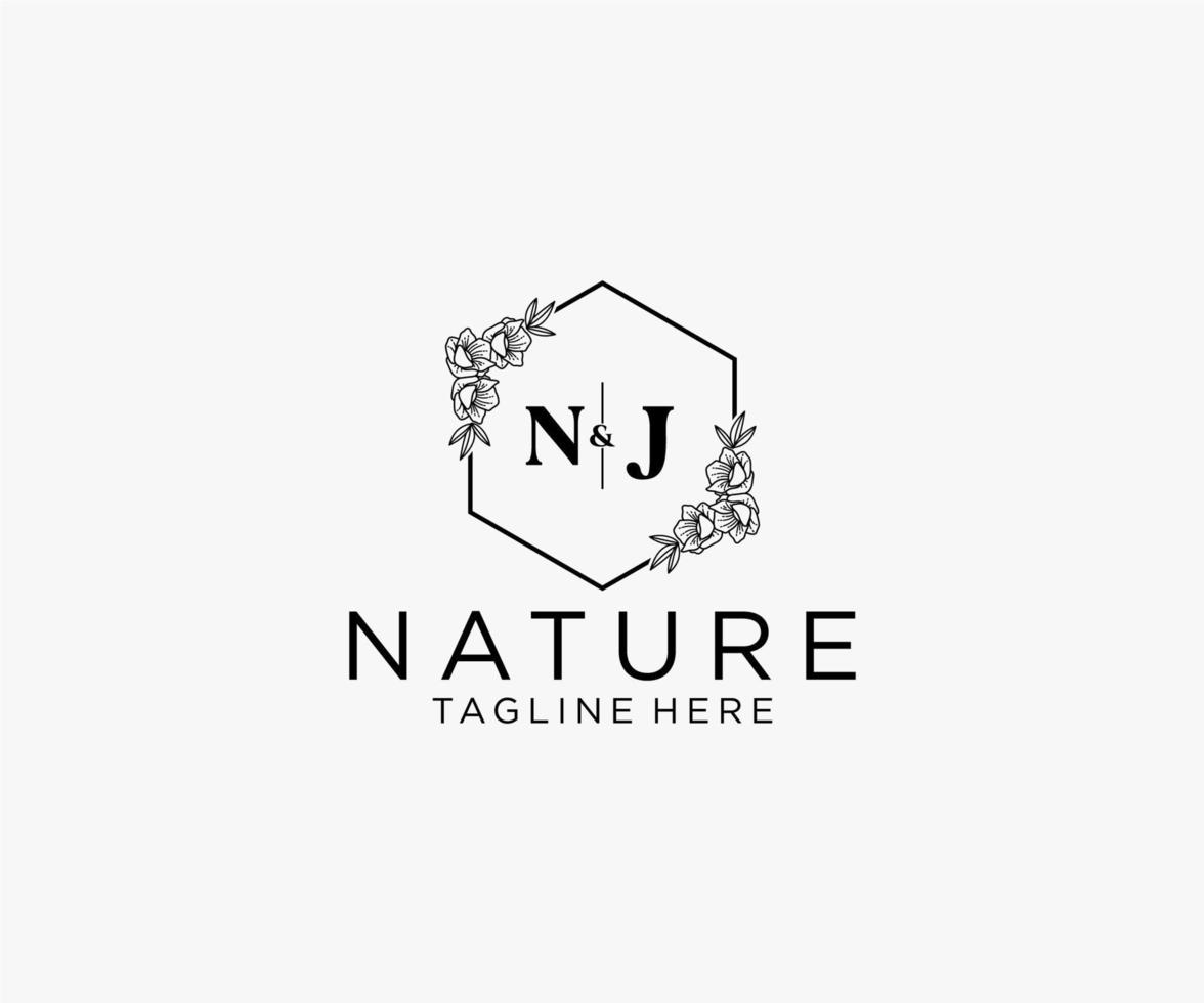 första nj brev botanisk feminin logotyp mall blommig, redigerbar förhandsgjord monoline logotyp lämplig, lyx feminin bröllop varumärke, företags. vektor