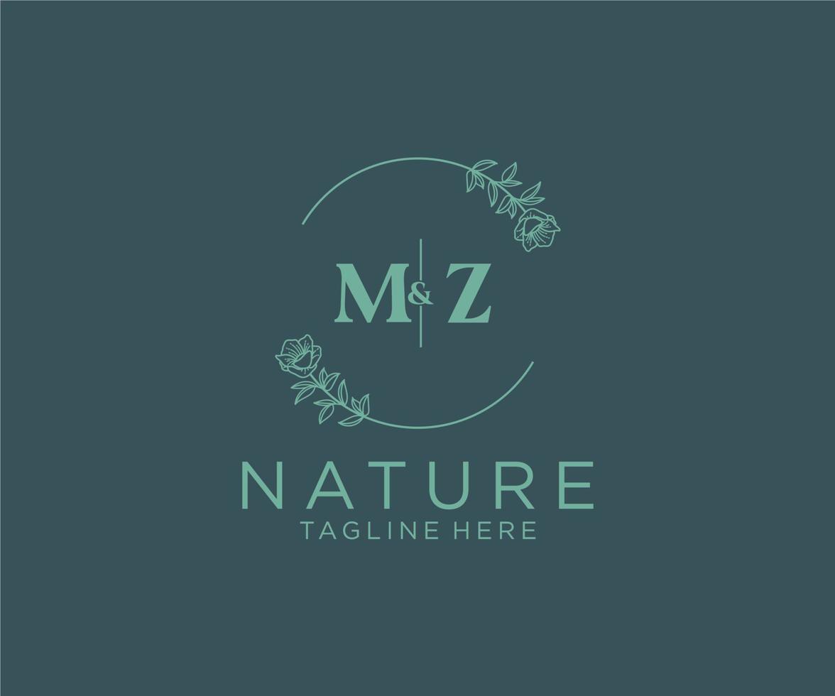 första mz brev botanisk feminin logotyp mall blommig, redigerbar förhandsgjord monoline logotyp lämplig, lyx feminin bröllop varumärke, företags. vektor