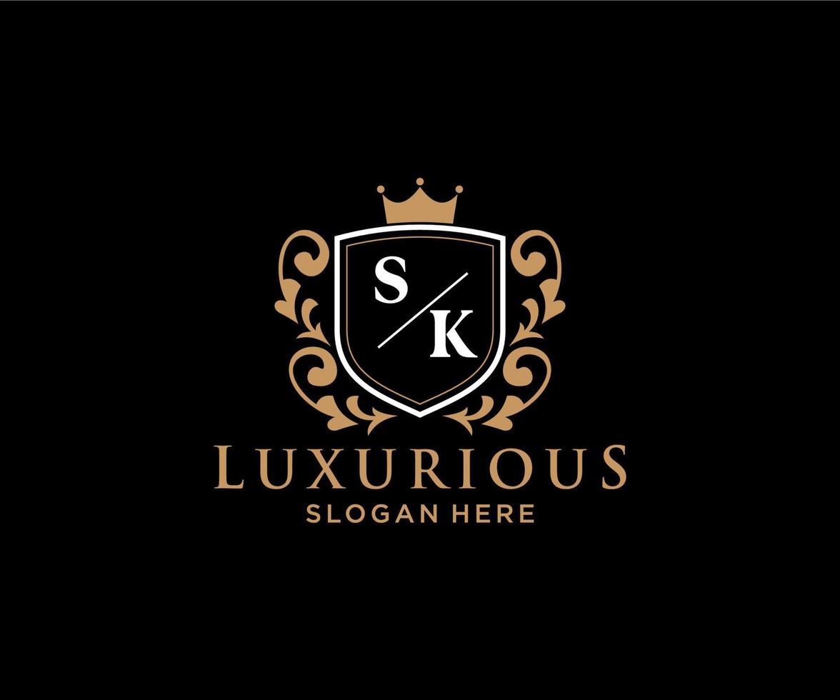 Royal Luxury Logo-Vorlage mit anfänglichem sk-Buchstaben in Vektorgrafiken für Restaurant, Lizenzgebühren, Boutique, Café, Hotel, Heraldik, Schmuck, Mode und andere Vektorillustrationen. vektor