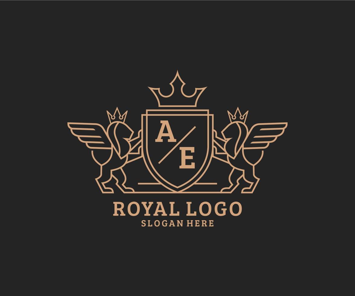 Initiale ae Brief Löwe königlich Luxus heraldisch, Wappen Logo Vorlage im Vektor Kunst zum Restaurant, Königtum, Boutique, Cafe, Hotel, heraldisch, Schmuck, Mode und andere Vektor Illustration.