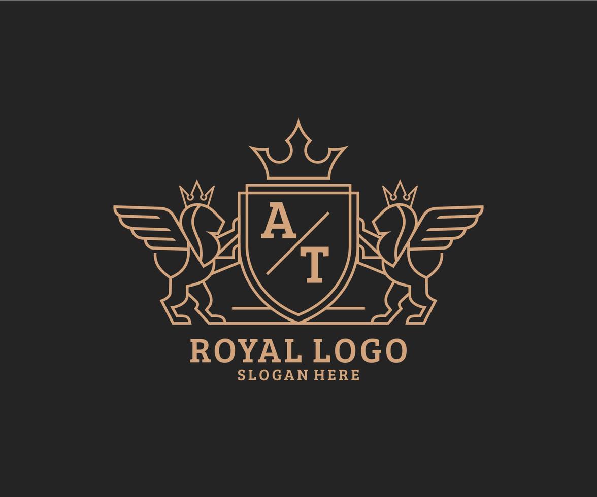 första på brev lejon kunglig lyx heraldisk, vapen logotyp mall i vektor konst för restaurang, kungligheter, boutique, Kafé, hotell, heraldisk, Smycken, mode och Övrig vektor illustration.