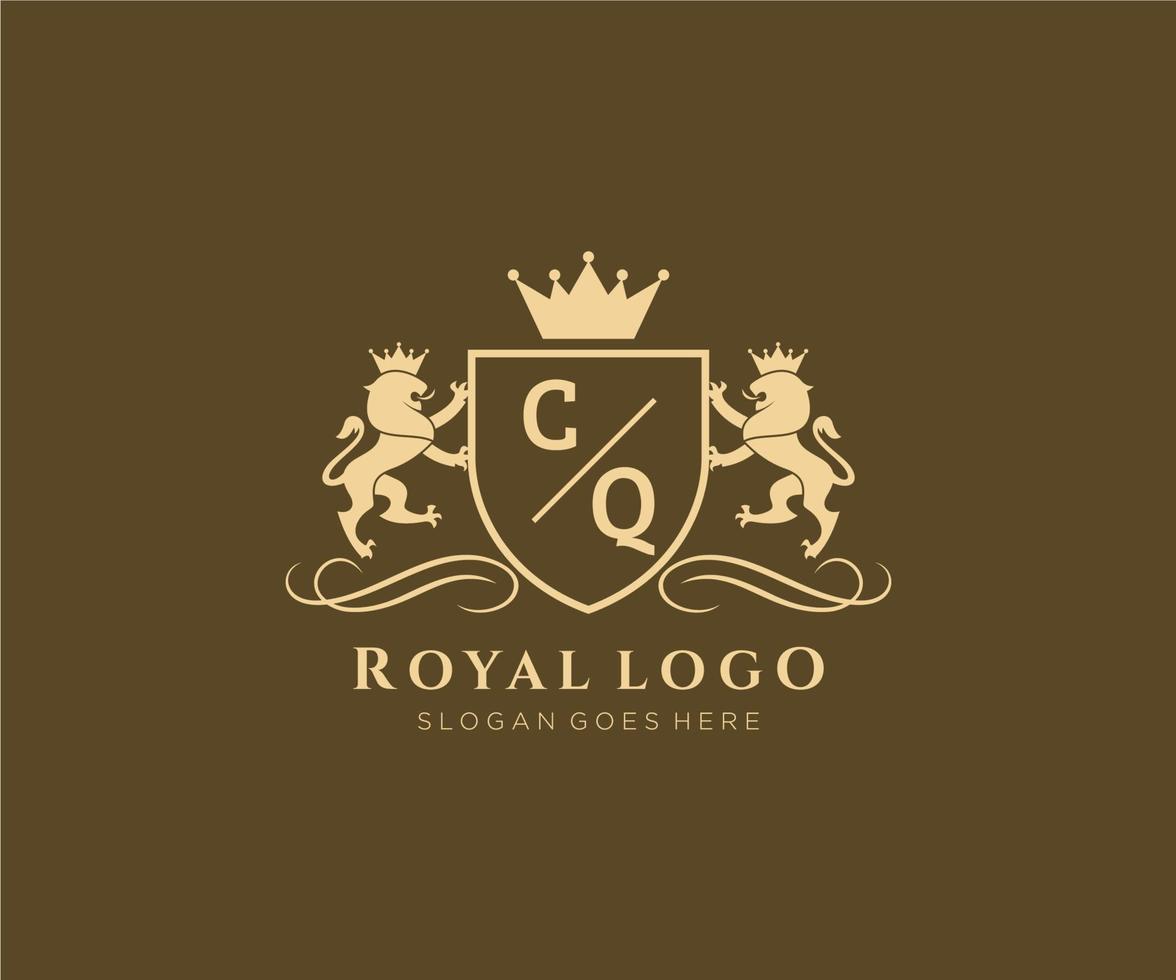 första cq brev lejon kunglig lyx heraldisk, vapen logotyp mall i vektor konst för restaurang, kungligheter, boutique, Kafé, hotell, heraldisk, Smycken, mode och Övrig vektor illustration.