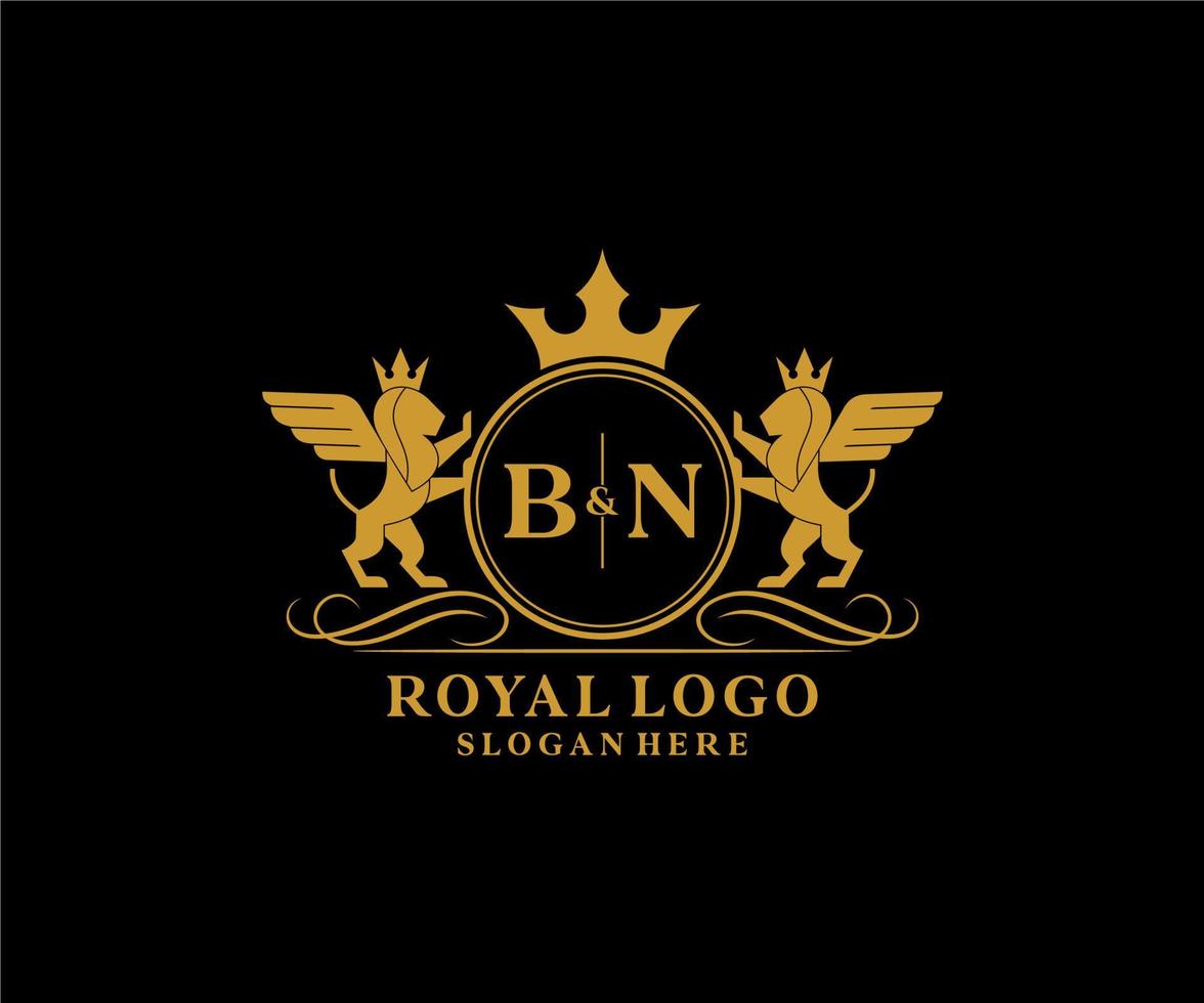 första bn brev lejon kunglig lyx heraldisk, vapen logotyp mall i vektor konst för restaurang, kungligheter, boutique, Kafé, hotell, heraldisk, Smycken, mode och Övrig vektor illustration.