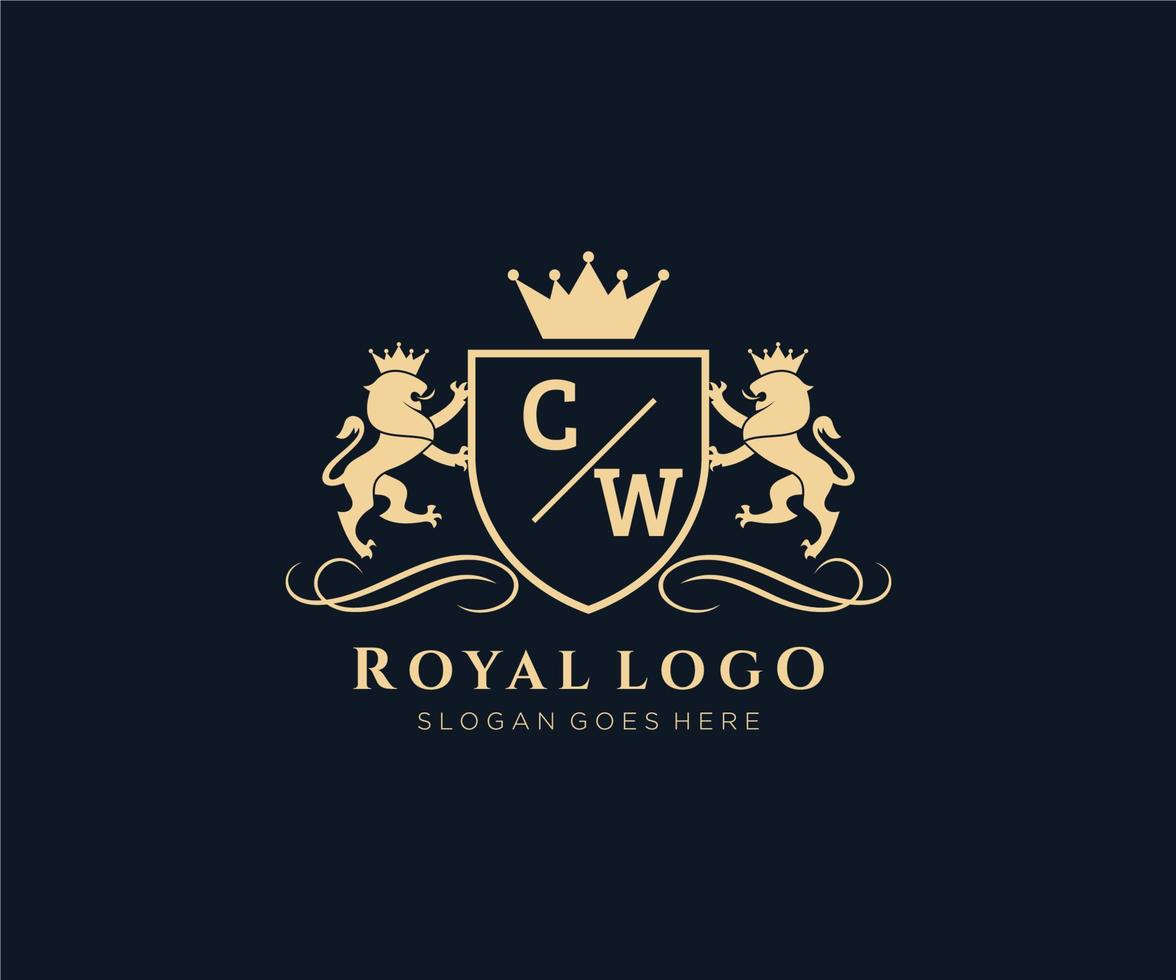 första cw brev lejon kunglig lyx heraldisk, vapen logotyp mall i vektor konst för restaurang, kungligheter, boutique, Kafé, hotell, heraldisk, Smycken, mode och Övrig vektor illustration.