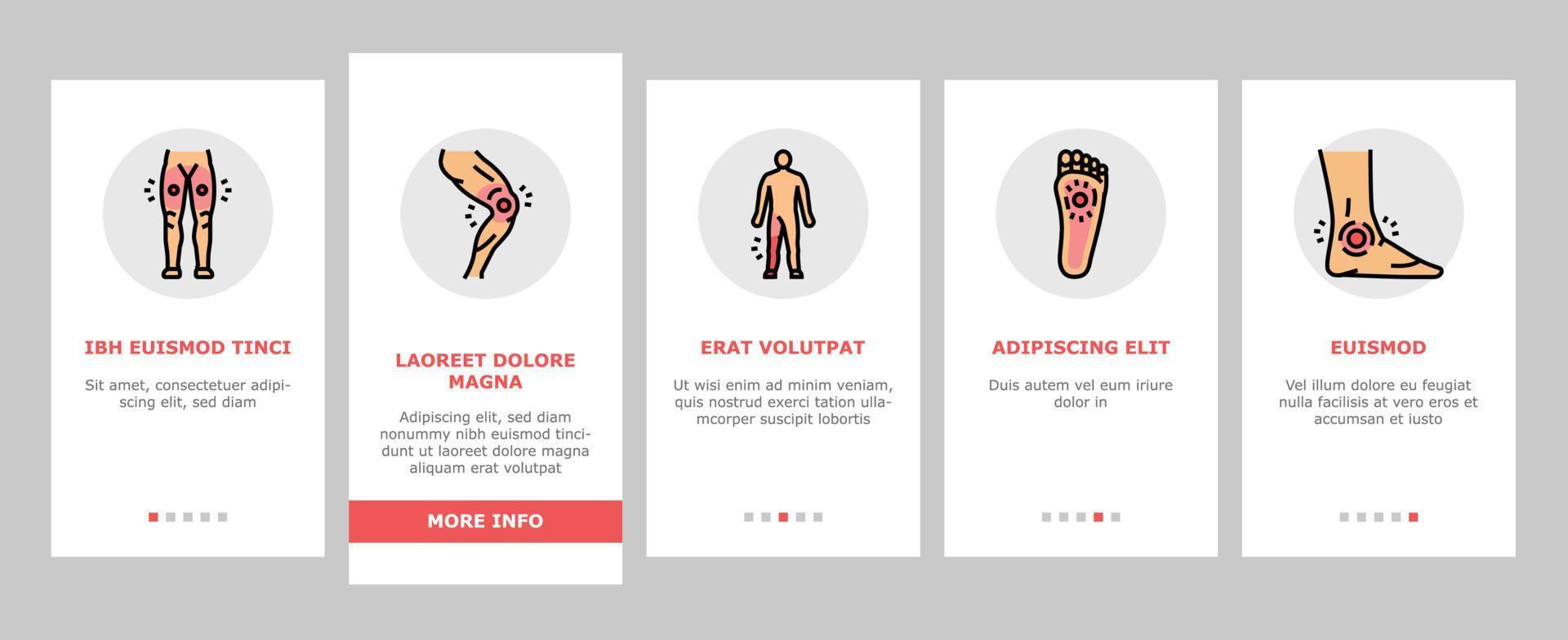 smärta kropp värk hälsa tillbaka onboarding ikoner uppsättning vektor