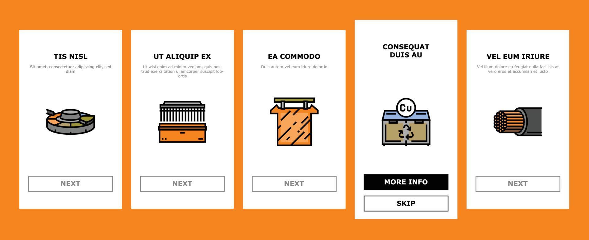 Kupfer Metall Produktion Stahl Onboarding Symbole einstellen Vektor