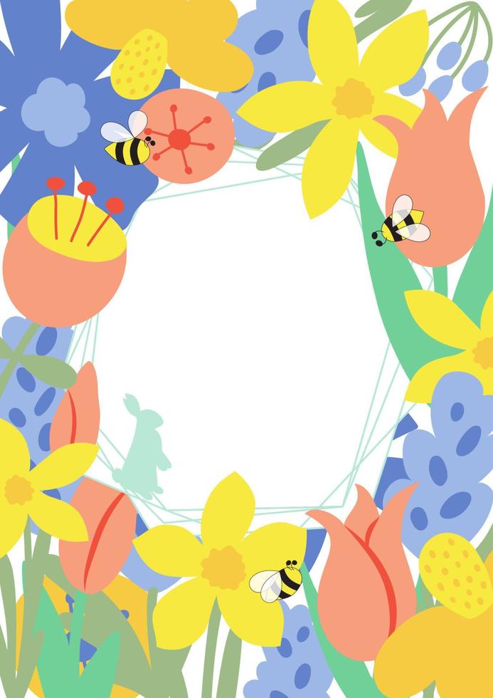 Blumen- Ostern Poster. Frühling Blume Hase Hase Banner Vorlage zum Ostern Ei Jagd. Frühling Gruß Karte, Postkarte süß Hase, Wiese Blumen, Biene. Hand gezeichnet Frühling Hintergrund. Vektor Illustration.