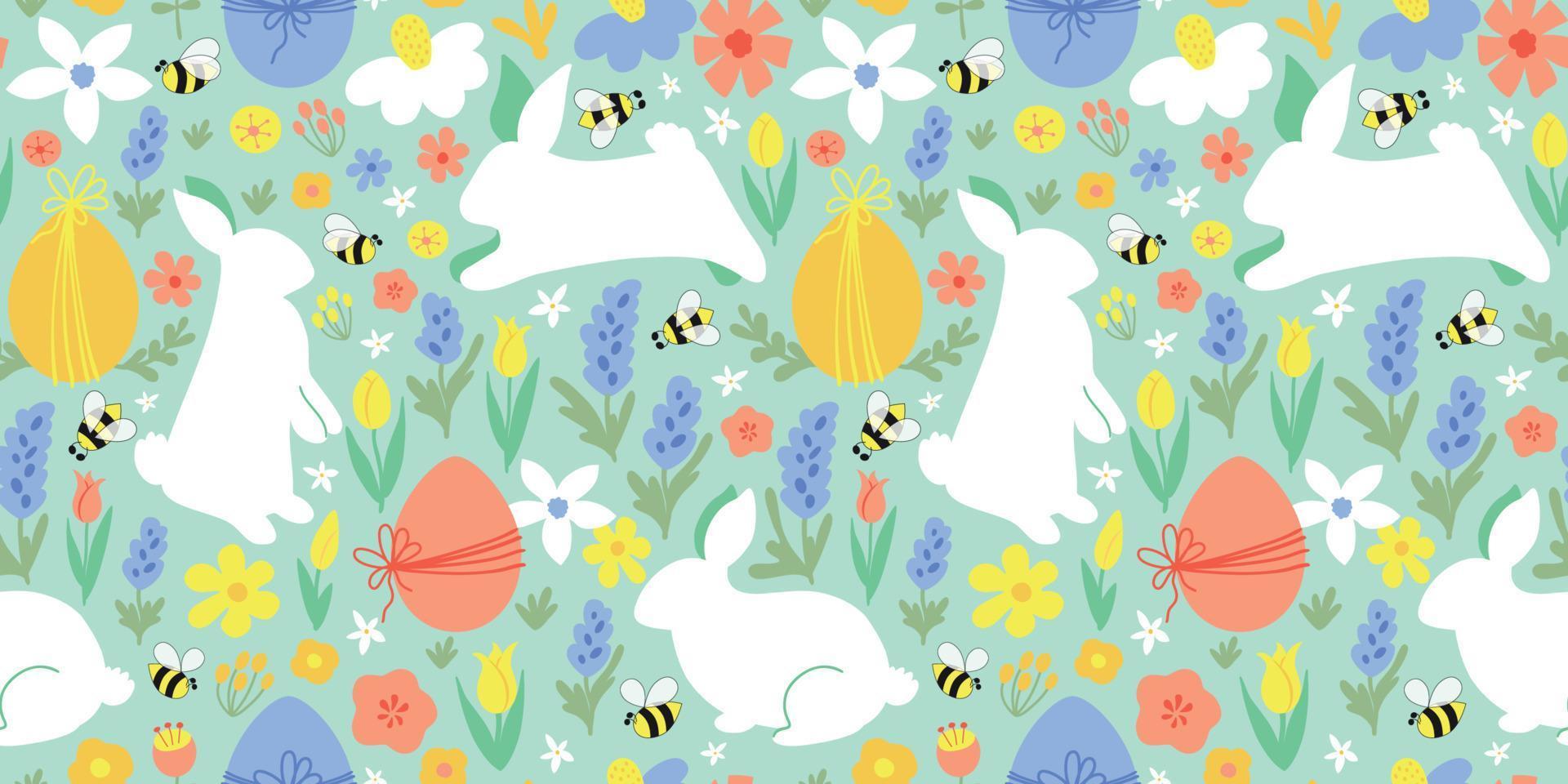 Blumen- Ostern Hase Muster. Blumen- Ostern Hase Muster. Eier jagen Sommer- Garten Textil- Design. süß Weiß Kaninchen auf Blumen- Hintergrund. Frühling Ostern Textil, Hintergrund, drucken Vektor Illustration.