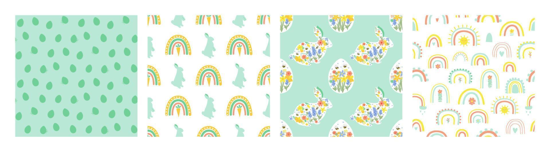 Ostern Regenbogen Hase Hase gestalten Muster Satz. glücklich Ostern Eier drucken Karotte nahtlos Hintergrund Sammlung. Frühling glücklich Ostern Hintergrund, Paket Design. Blumen- Karikatur Vektor Illustration.