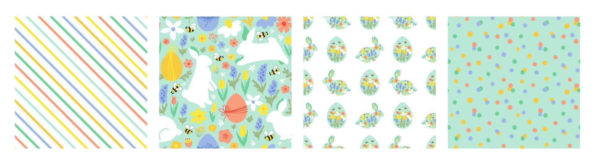 Blumen- Ostern Hase Muster Satz. Blumen- Ostern Hase Muster Sammlung. diagonal gestreift Linien, Polka Punkt, Ostern Eier, Frühling Blumen, Hase Hase Sommer- Garten Grafik Design Vektor Illustration.