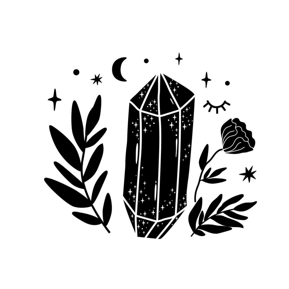 andlighet kristall logotyp. måne blomma. svart grafisk magisk sten. andlig sten illustration. vektor mineraler skriva ut. magisk blommig kristall. alternativ medicin kristall helande, astrologi magi.