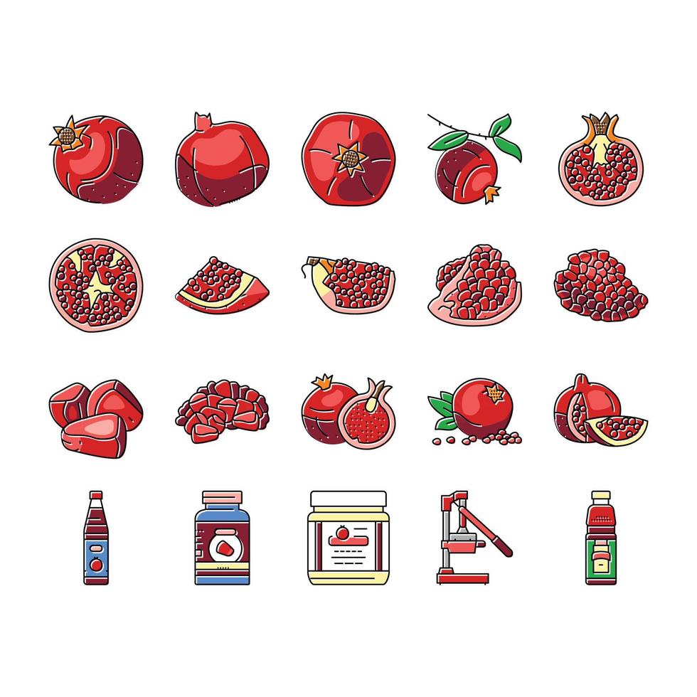 granatäpple frukt röd mat ikoner uppsättning vektor