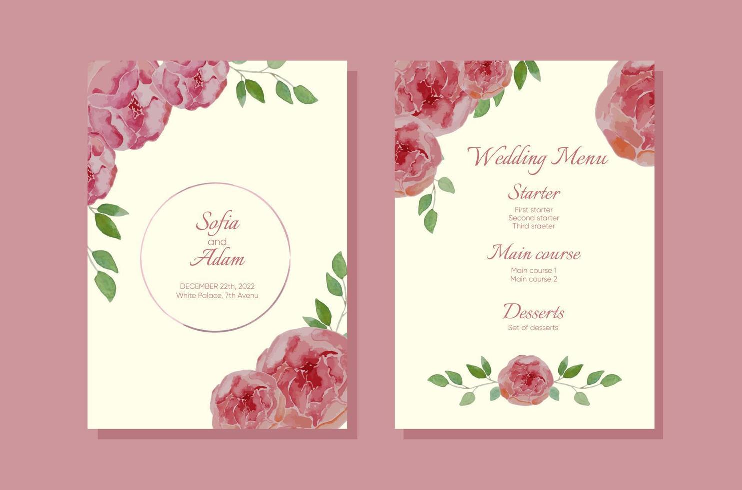 bröllop inbjudan kort bakgrund med rosa blomma och löv. vattenfärg. vektor