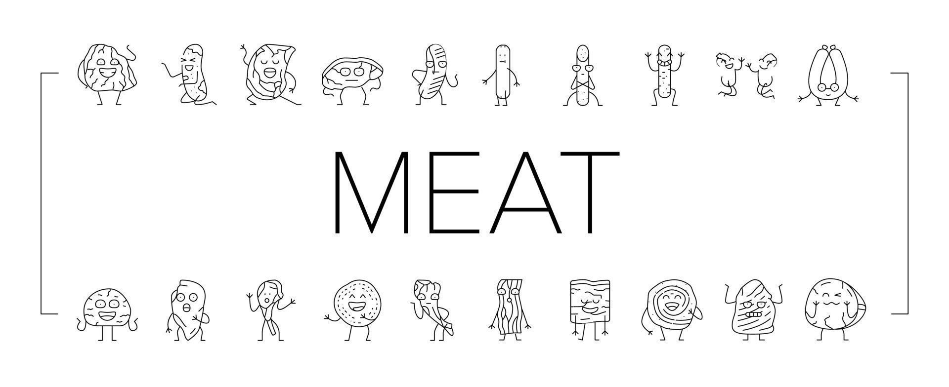 kött karaktär nötkött mat rolig ikoner uppsättning vektor